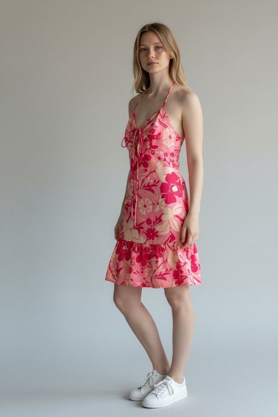 Crystal Doll Pink Floral Tie-Front Mini Dress – Size Medium